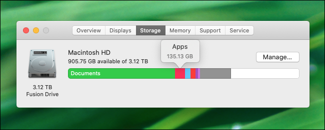Pase el mouse sobre el gráfico de almacenamiento en disco para ver el espacio por tipo de archivo en macOS Catalina