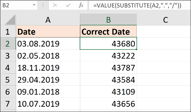 Fórmula SUSTITUIR para convertir texto a fechas