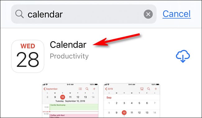 En la App Store, toque "Calendario" en los resultados de la búsqueda.