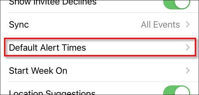 En la configuración del iPhone, toca "Tiempos de alerta predeterminados".