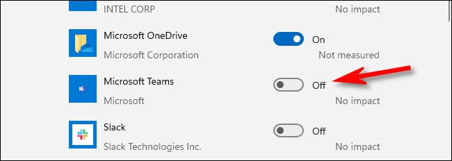 Haga clic en el interruptor junto a "Microsoft Teams" para desactivarlo.