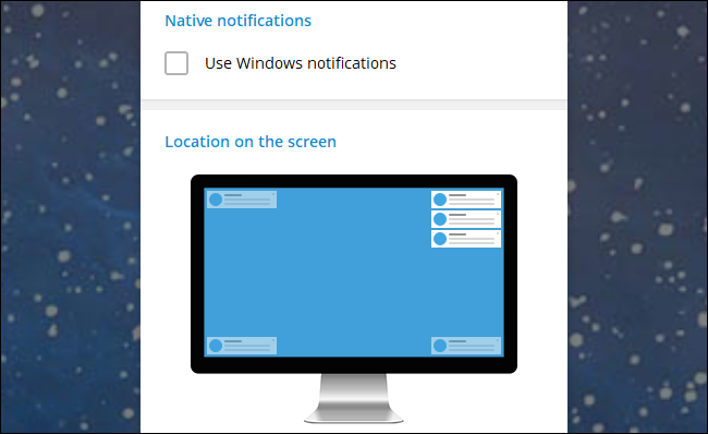 Opciones de notificación de Telegram para Windows.