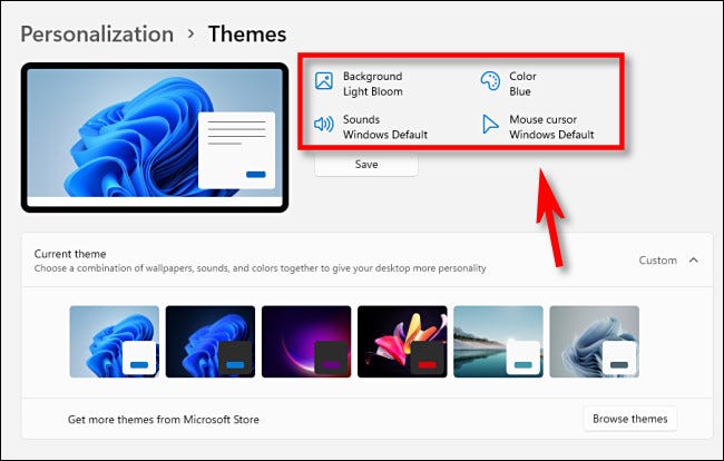 Haga clic en un enlace cerca de la parte superior de la ventana de temas para cambiar la configuración del mouse, el sonido, el color o el fondo.