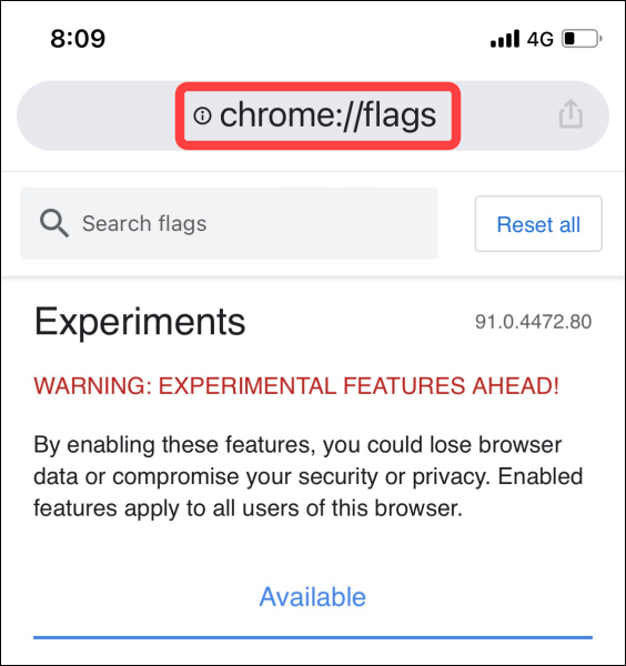 Chrome auf dem iPhone öffnen, Typ Chrom: // Flags in der Adressleiste und drücken Sie Enter