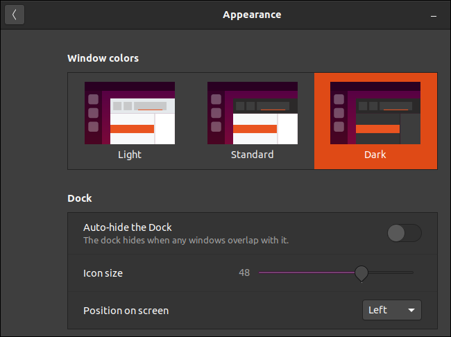 Ventana de apariencia de Ubuntu con el tema oscuro de Yaru seleccionado.