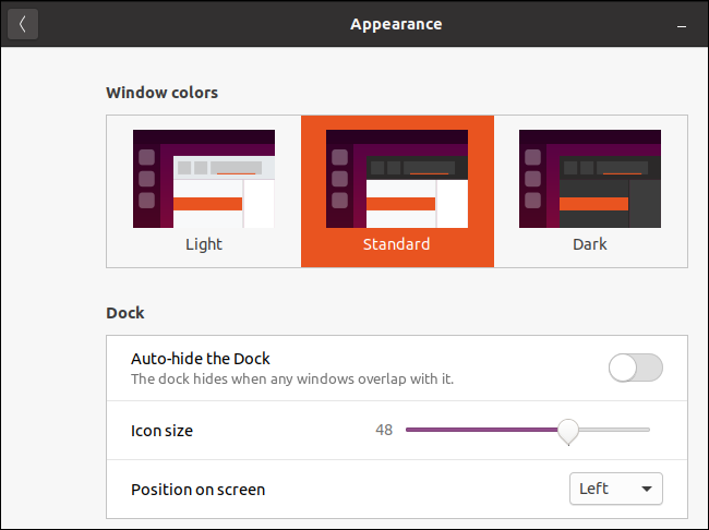 Ventana de apariencia de Ubuntu con el tema estándar seleccionado.