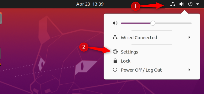 Abriendo la ventana de Configuración desde el panel GNOME de Ubuntu