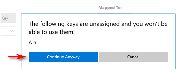 Haga clic en "Continuar de todos modos" en PowerToys Keyboard Manager en Windows 10