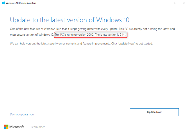 El Asistente de actualización de Windows 10 muestra una actualización a 21H1.