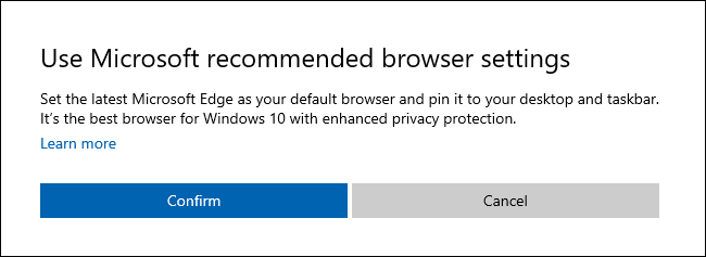 El cuadro de diálogo "Usar la configuración del navegador recomendada por Microsoft" en Windows 10.