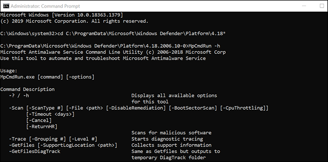 Vedi tutti i comandi di Microsoft Defender Antivirus