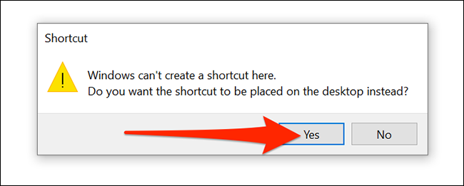 Seleccione "sí" en el mensaje de creación de accesos directos a VPN de Windows 10.