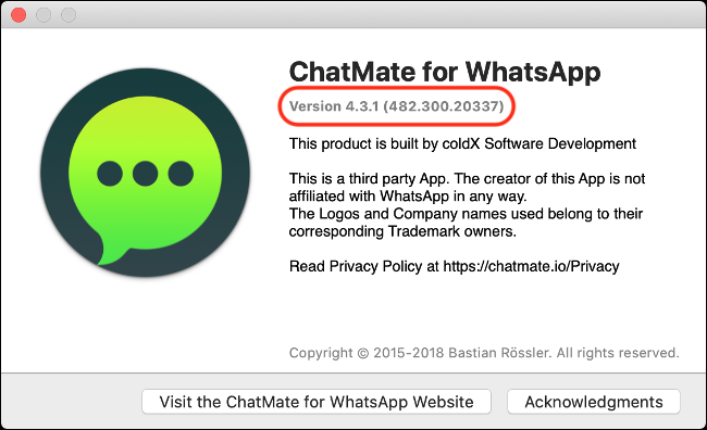 Un cuadro de diálogo "Acerca de" para "WhatsApp" con el número de versión.