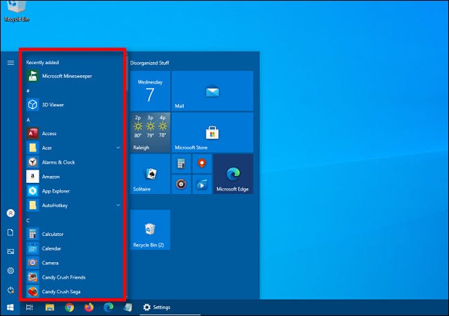 Um exemplo de um menu Iniciar do Windows 10 com lista de aplicativos.