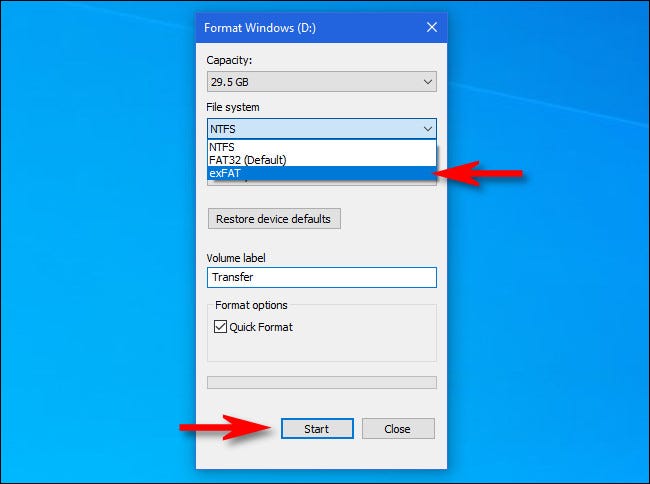 En la ventana de formato de Windows 10, seleccione "exFAT" de la lista del sistema de archivos y haga clic en "Inicio".
