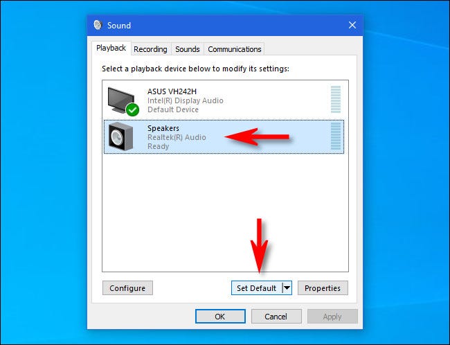 En Windows 10, haga clic en los altavoces de la lista y haga clic en el botón "Establecer predeterminado".