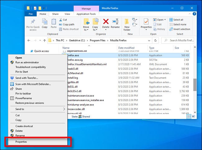 Haga clic con el botón derecho en el archivo EXE y seleccione "Propiedades" en el Explorador de archivos en Windows 10.