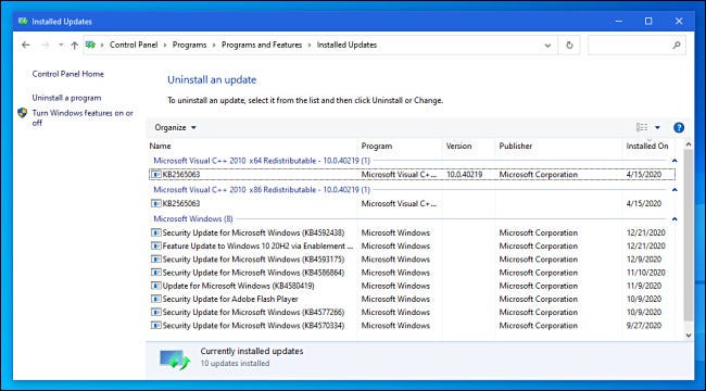 View installed updates in Windows Control Panel 10.