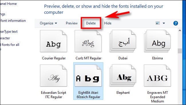To delete a font, select it from the list and click 
