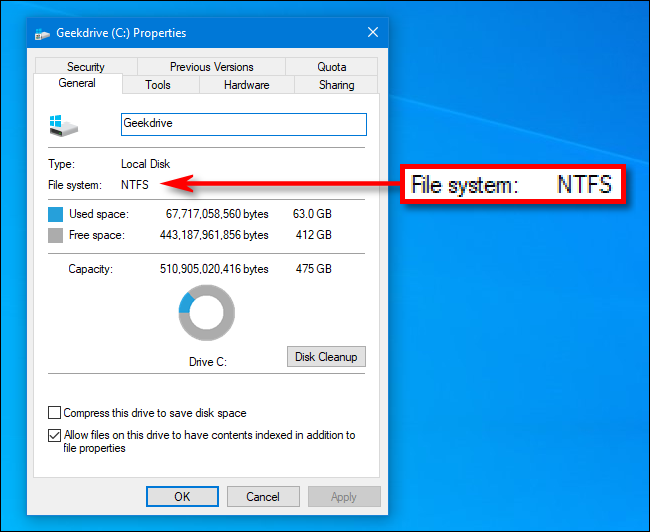 Visualize o sistema de arquivos de uma unidade na janela Propriedades do Windows 10