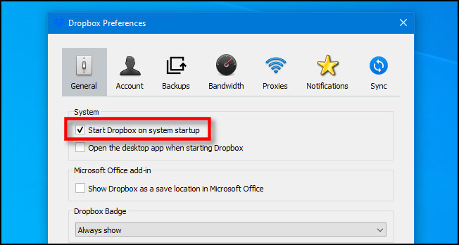 Desmarque "Iniciar Dropbox al iniciar el sistema" en Windows 10.