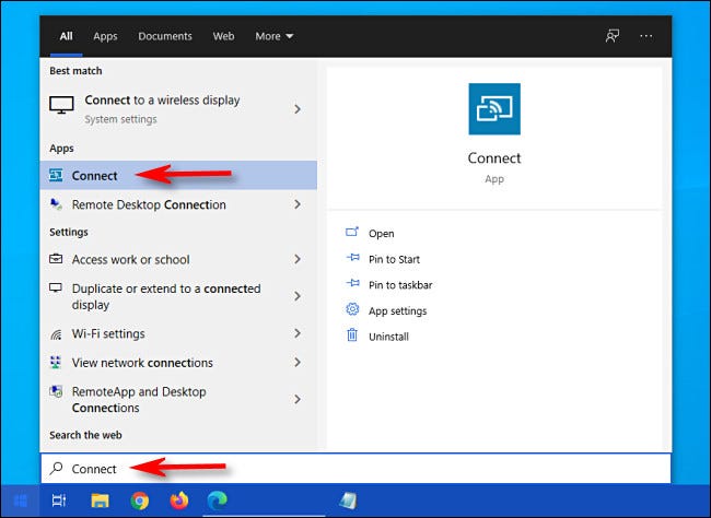 Abra el menú Inicio, escriba "conectar", luego seleccione la aplicación "Conectar" de la lista.