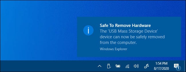 Una notificación de "Es seguro quitar el hardware" en Windows 10.