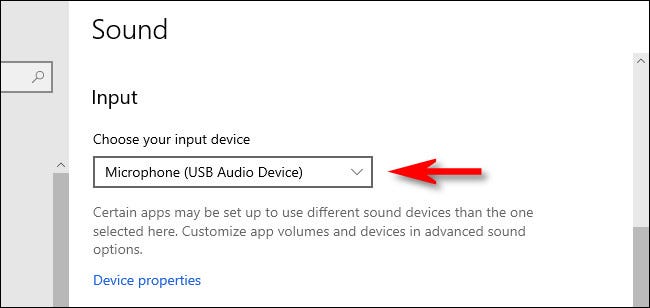 En la configuración de sonido de Windows 10, seleccione un dispositivo de entrada en el menú desplegable.