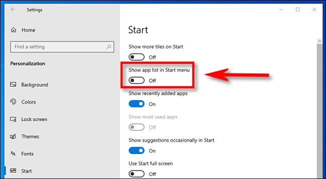 En la configuración de Windows 10, haga clic en el interruptor "Mostrar lista de aplicaciones en el menú Inicio" para apagarlo.