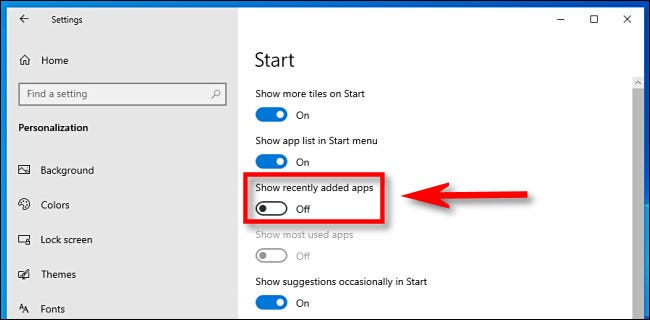 Nelle impostazioni di Windows 10, fare clic sull'interruttore 