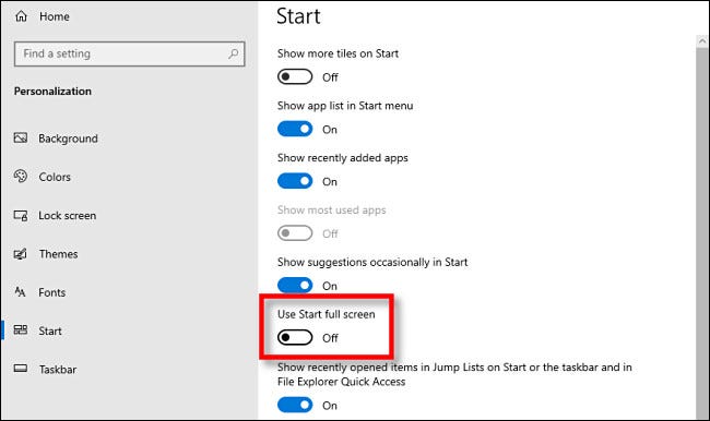En la configuración de Windows 10, haga clic en el interruptor "Usar pantalla completa de Inicio".
