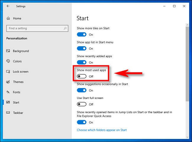 En la configuración de Windows 10, haz clic en el interruptor "Mostrar las aplicaciones más utilizadas" para desactivarlo.