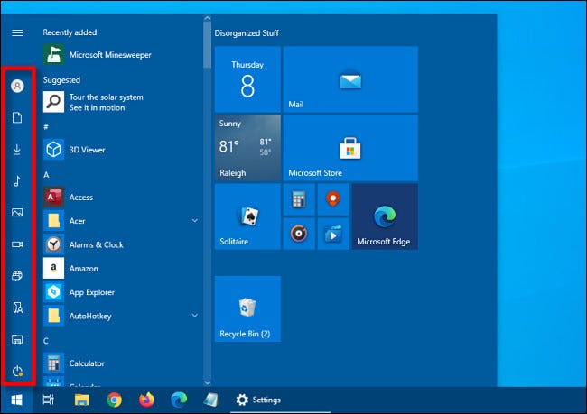 La barra lateral de acceso directo contraída en el menú Inicio de Windows 10