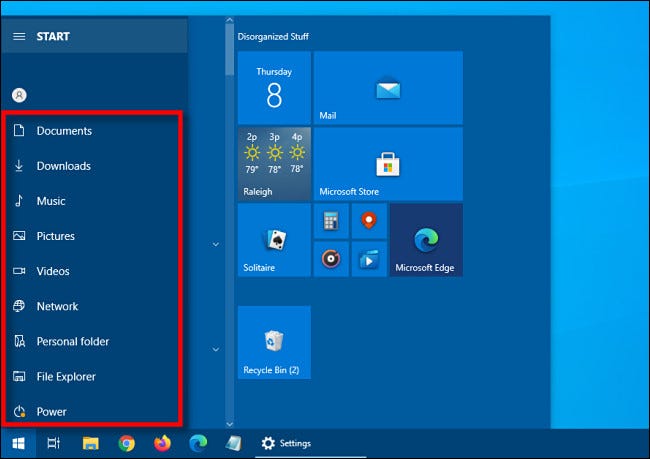 La barra lateral de acceso directo expandido en el menú Inicio de Windows 10