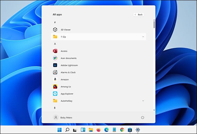 La lista "Todas las aplicaciones" de Windows 11.