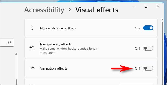 En la configuración de Efectos visuales, cambie "Efectos de animación" a "Desactivado".