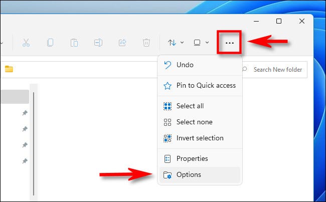 In Windows File Explorer 11, click the ellipsis button (three points) and select "Choices".