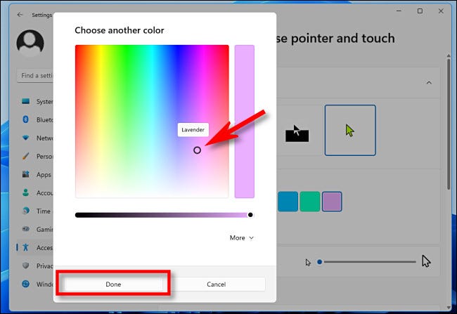 Utilice el selector de color para seleccionar un color personalizado, luego haga clic en "Listo".