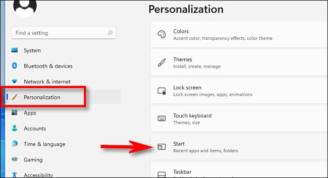 In den Windows-Einstellungen 11, klicke auf "Personalisierung" und dann weiter "Anfang".