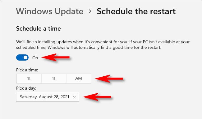 En "Programar el reinicio", enciende el interruptor y luego usa los menús para configurar la fecha y la hora del reinicio.