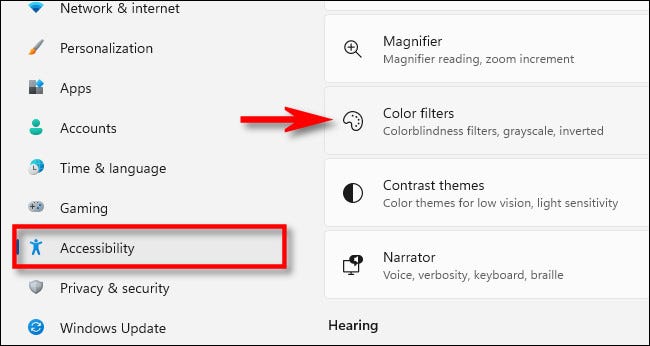 En Configuración, haga clic en "Accesibilidad", luego seleccione "Filtros de color".