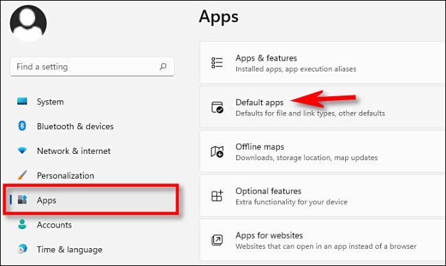 En la configuración de Windows 11, haga clic en "Aplicaciones", luego seleccione "Aplicaciones predeterminadas".