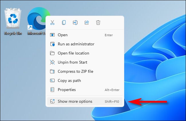 En Windows 11, haga clic con el botón derecho en un elemento y seleccione "Mostrar más opciones".