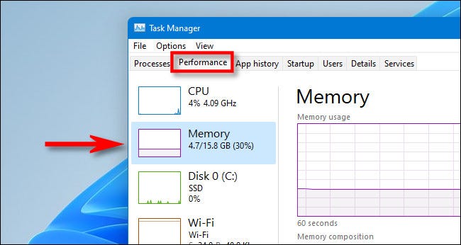En el Administrador de tareas, haga clic en la pestaña "Rendimiento", luego seleccione "Memoria" en la barra lateral.