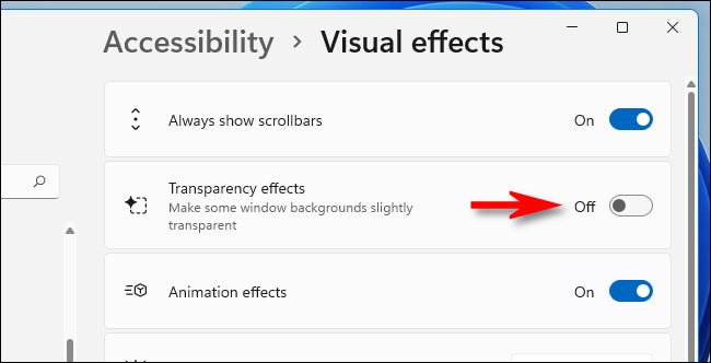 En la configuración de Windows 11, cambie "Efectos de transparencia" a "Desactivado".