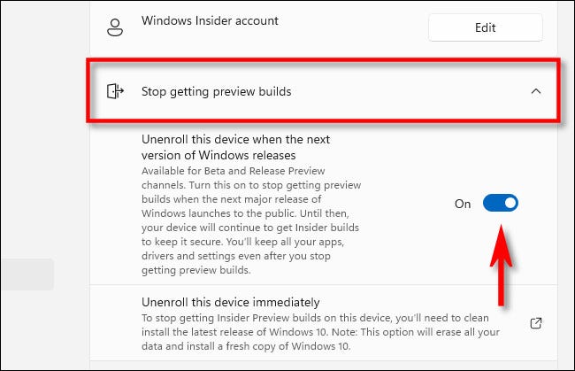Cambie "Anular la inscripción de este dispositivo cuando se lance la próxima versión de Windows" a "Activado".