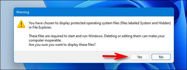 When you are warned about the disclosure of protected operating system files, click on 