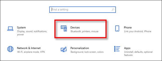 En la configuración de Windows 10, haga clic en "Dispositivos".