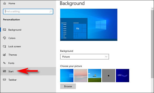 En la configuración de Windows 10, haga clic en "Inicio" en la barra lateral.