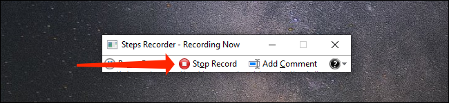 Presiona "Detener grabación" en la aplicación Steps Recorder en Windows 10.